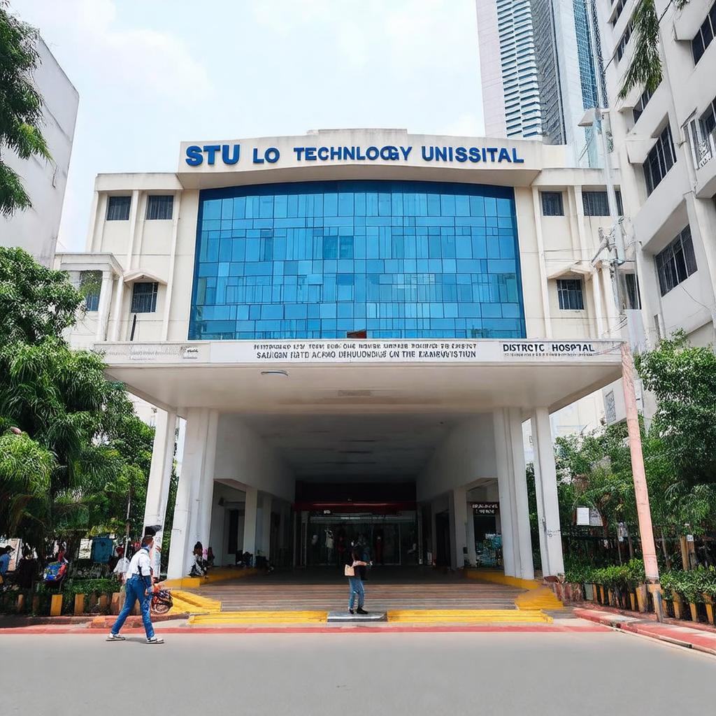 Hình ảnh Trường Đại học Công nghệ Sài Gòn (STU) hoặc Bệnh viện Quận 8 trên đường Cao Lỗ.