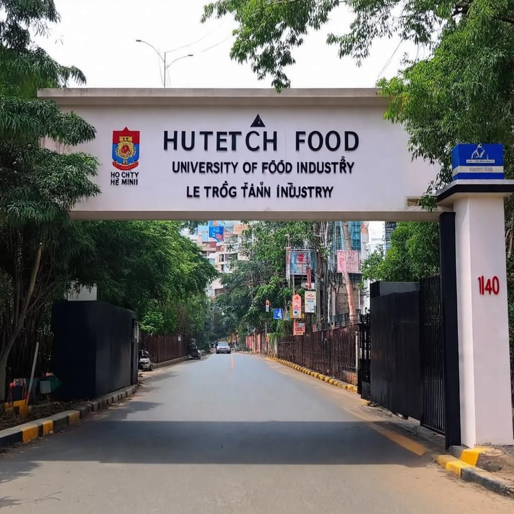 Cổng chính Trường Đại học Công nghệ Thực phẩm, Tân Phú trên đường Lê Trọng Tấn, thể hiện địa chỉ và kiến trúc trường học