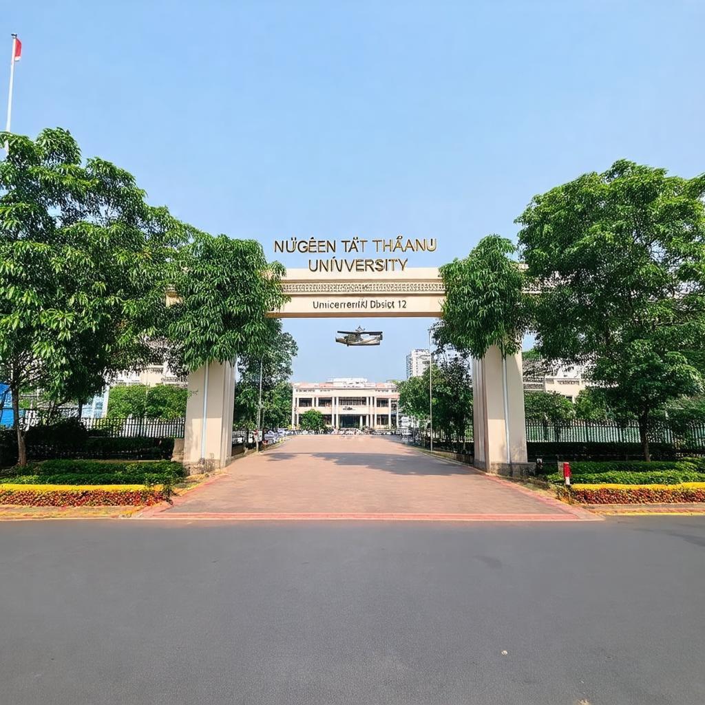 Toàn cảnh cổng chính và khuôn viên Trường Đại học Nguyễn Tất Thành cơ sở An Phú Đông