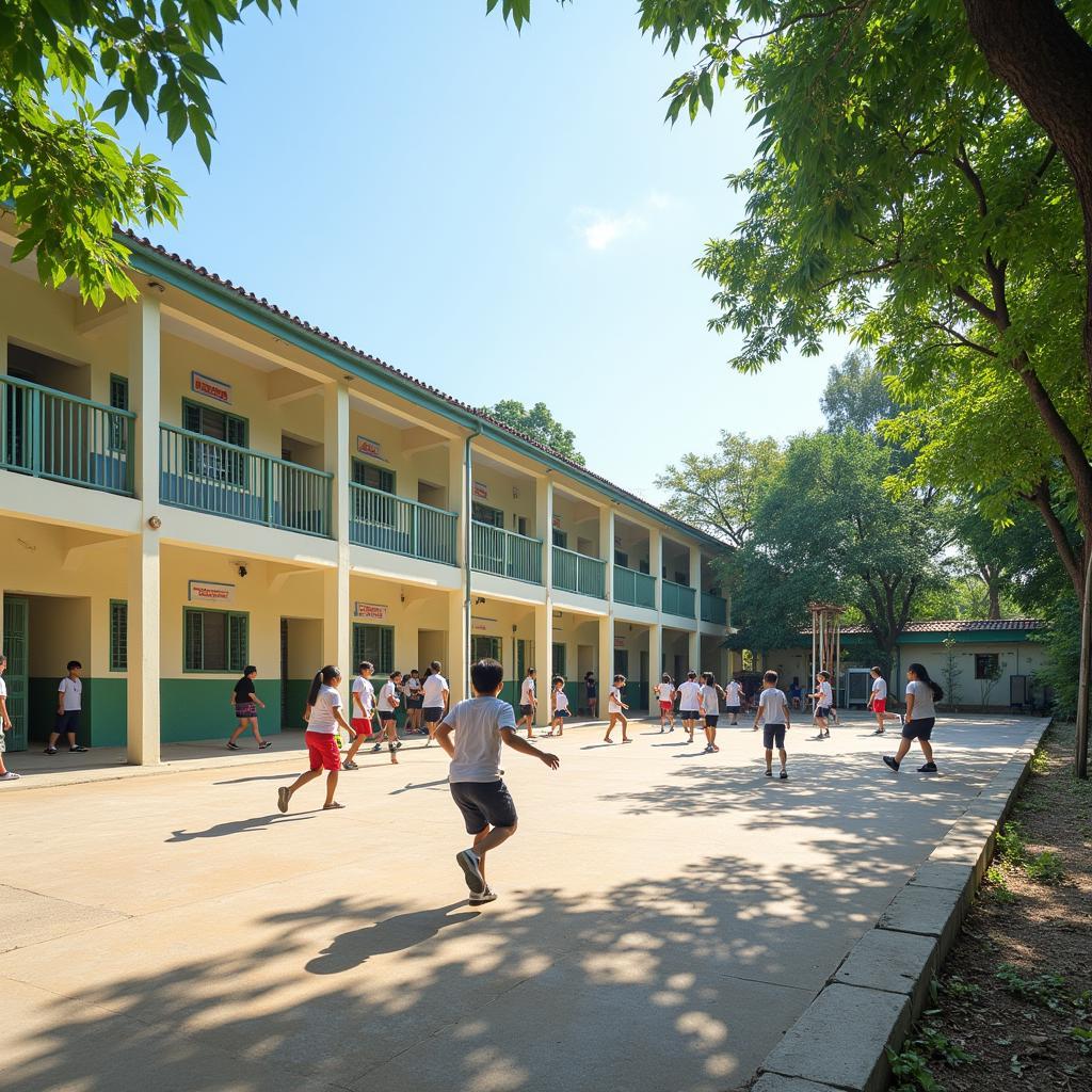 Học sinh vui chơi trên sân trường rộng rãi, thoáng mát của Trường Tiểu học Bùi Văn Ngự