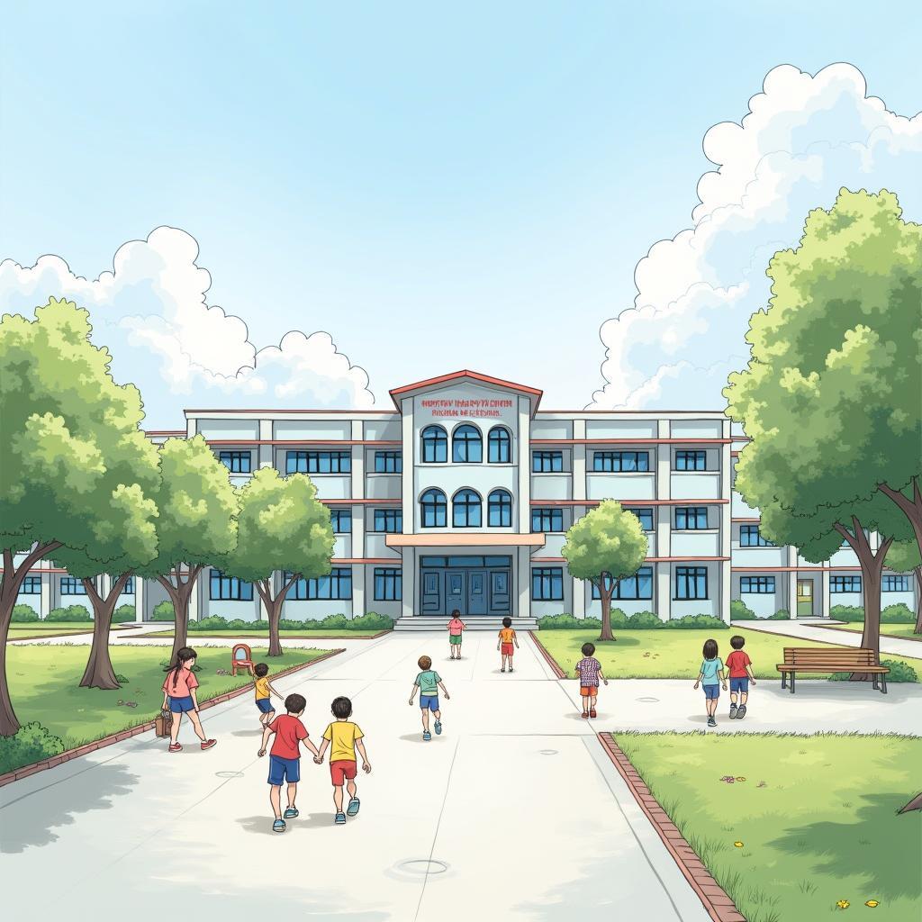 Toàn cảnh sân trường và các dãy phòng học tại Trường Tiểu học Huỳnh Văn Chính