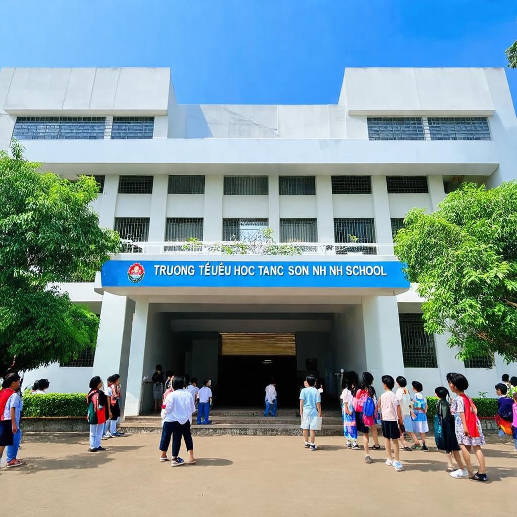 Mặt tiền khang trang của Trường Tiểu Học Tân Sơn Nhì tại Quận Tân Phú với cổng trường và hàng cây
