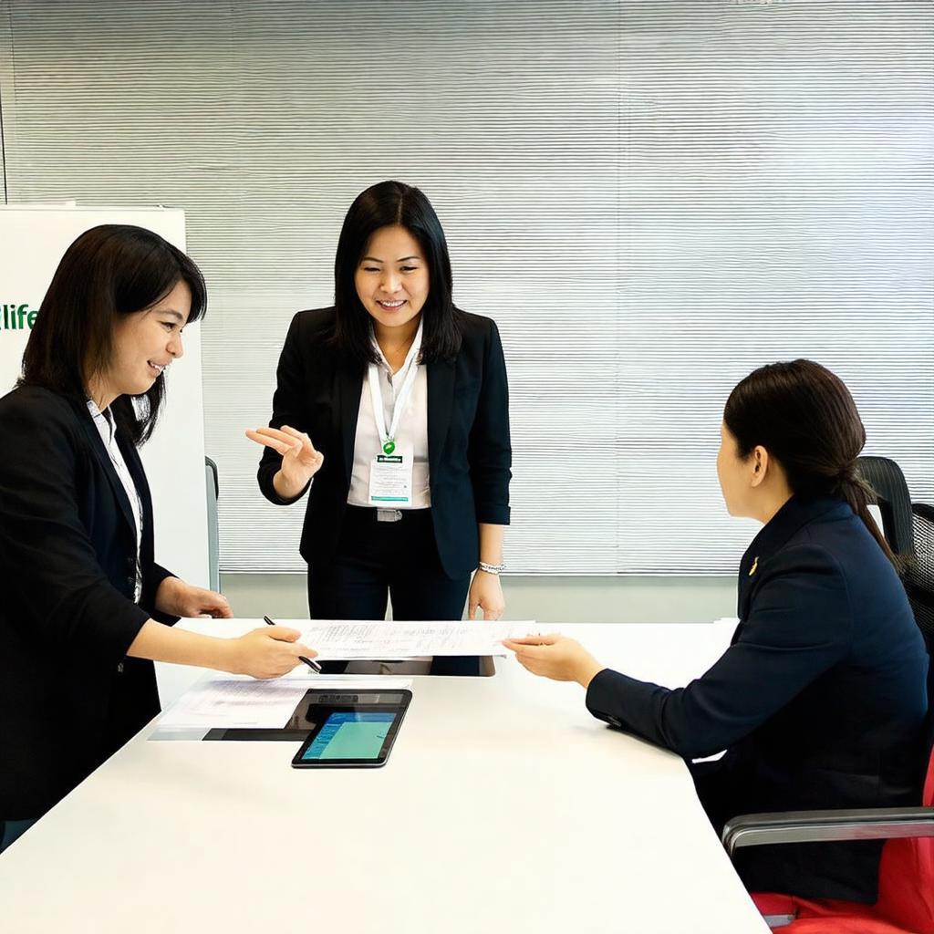 Nhân viên Manulife tư vấn khách hàng về sản phẩm bảo hiểm tại quầy giao dịch