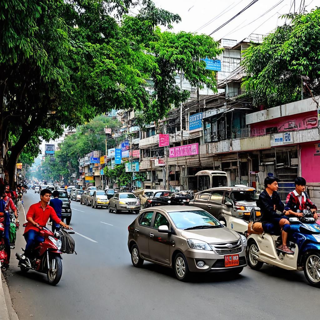 Con pho Nguyen Khoai tap nap cac phuong tien giao thong ven song Hong o quan Hai Ba Trung, Ha Noi.