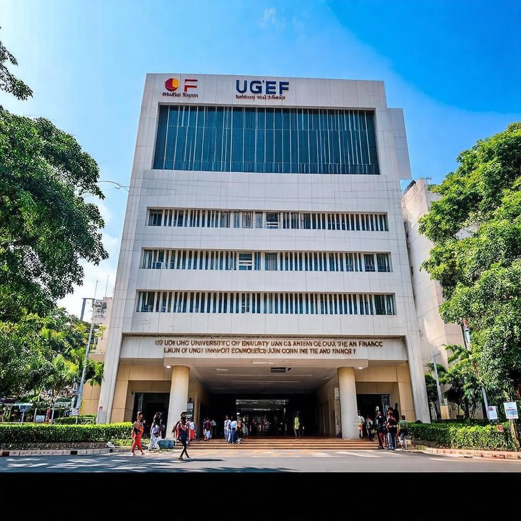 Toà nhà chính hiện đại của Trường Đại học Kinh tế – Tài chính TP.HCM (UEF) tại 141 Điện Biên Phủ.