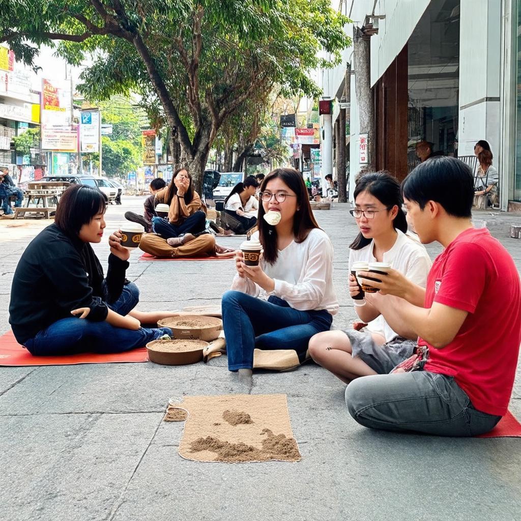 Người trẻ và du khách ngồi trên vỉa hè, thưởng thức cà phê và trò chuyện, thể hiện văn hóa cà phê bệt đặc trưng của Sài Gòn.