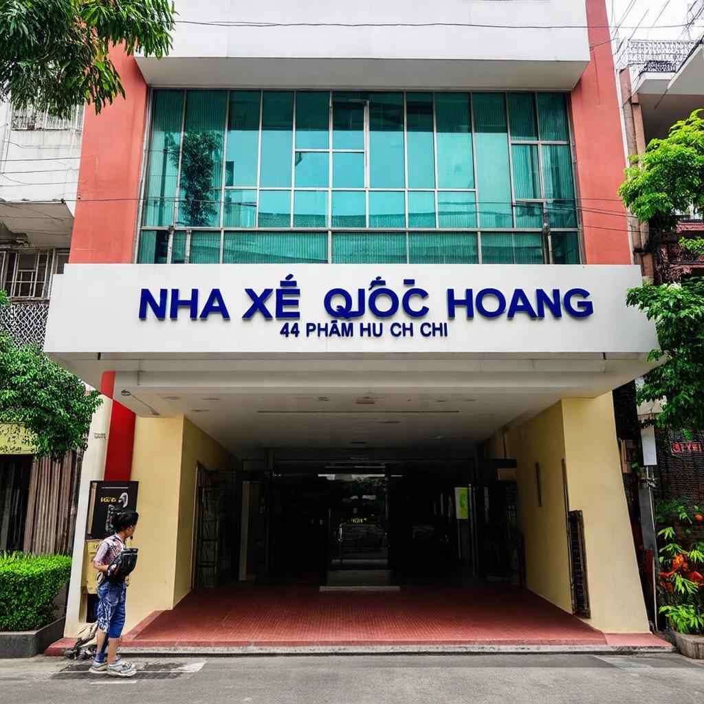 Hình ảnh mặt tiền văn phòng Nhà xe Quốc Hoàng tại 45 Phạm Hữu Chí, Quận 5, giúp dễ dàng nhận diện