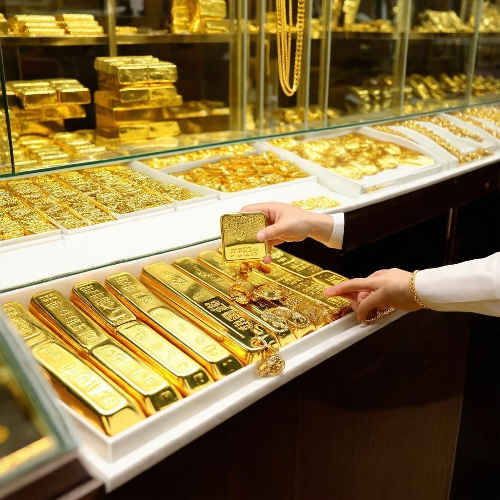 Vàng miếng SJC và trang sức vàng trưng bày tại quầy giao dịch tiệm vàng.