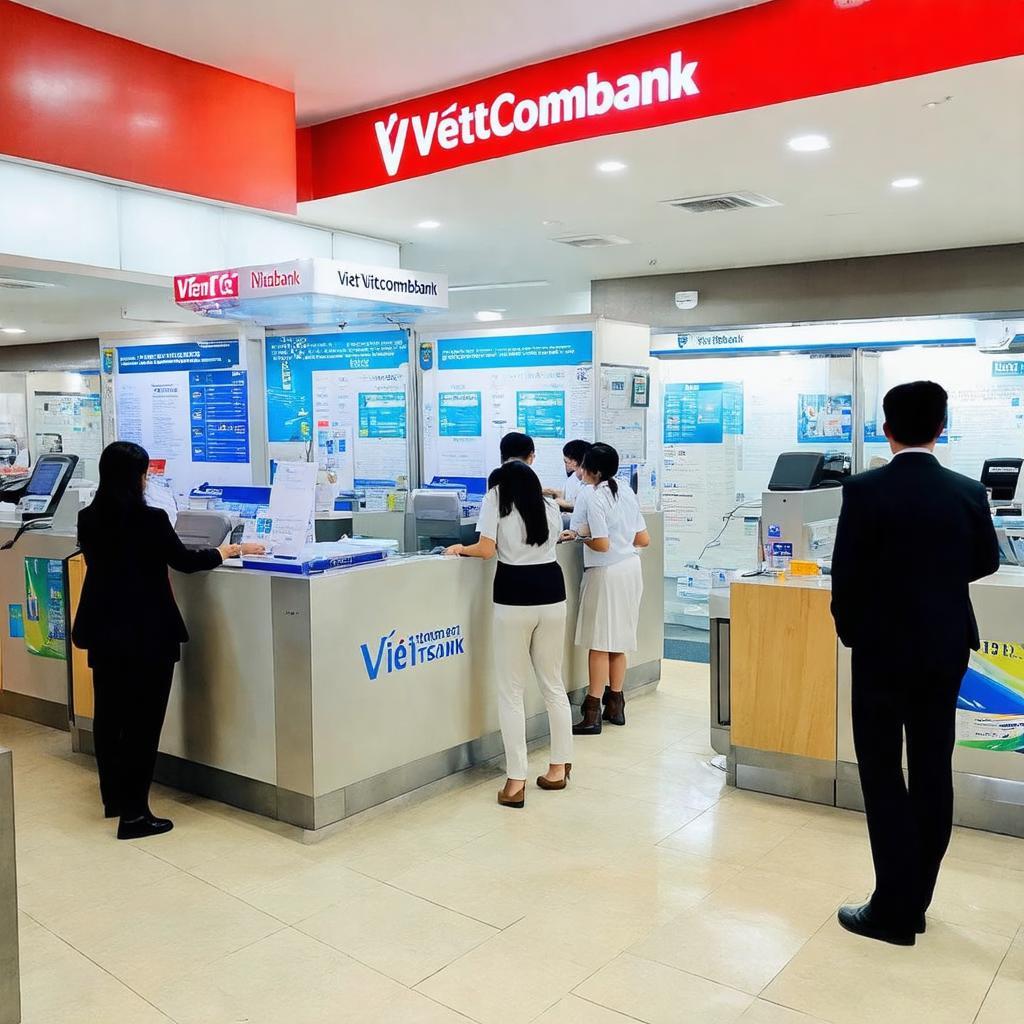 Bên trong khu vực giao dịch với nhân viên phục vụ chuyên nghiệp tại Vietcombank Thủ Đức.