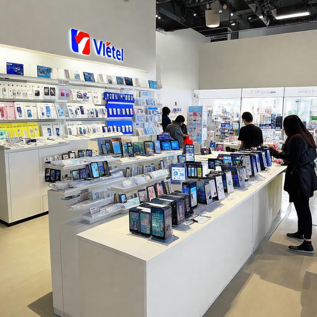 Bên trong Viettel Store trưng bày đa dạng điện thoại, máy tính bảng, phụ kiện công nghệ.