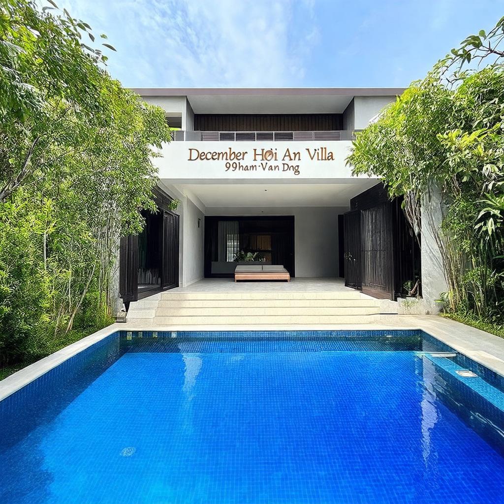 Toàn cảnh mặt trước December Hội An Villa số 99 Phạm Văn Đồng tại Hội An với kiến trúc hiện đại và không gian xanh mát
