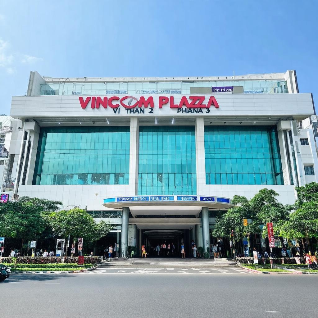 Hình ảnh mặt tiền hiện đại của Vincom Plaza Vị Thanh trên Đường 3/2, Hậu Giang.