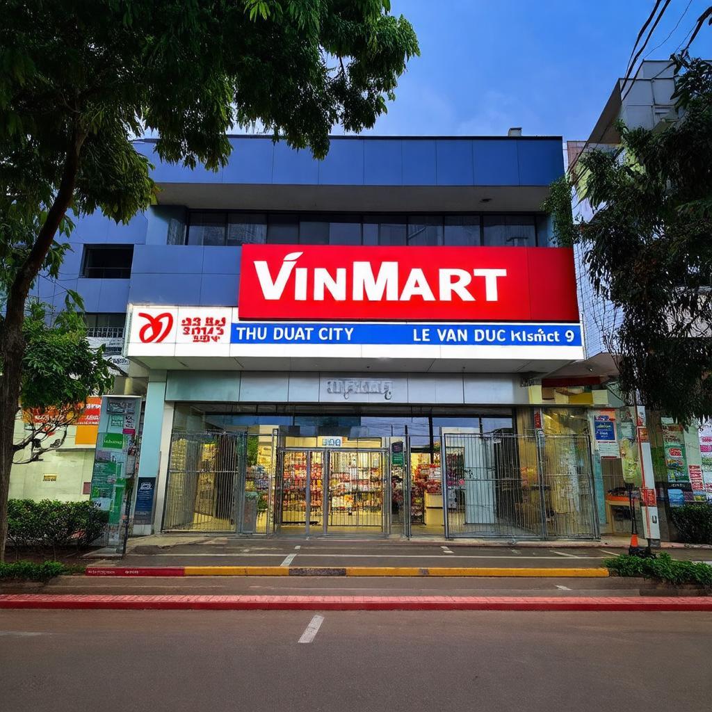 Ngoại cảnh Siêu thị VinMart Lê Văn Việt, Quận 9 với biển hiệu rõ ràng trên đường lớn Thủ Đức