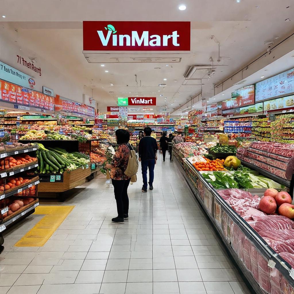 Bên trong siêu thị VinMart Quận 7, trưng bày đa dạng các loại thực phẩm tươi sống và hàng hóa tiêu dùng thiết yếu.