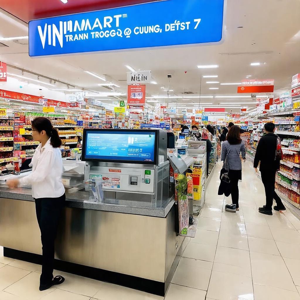Trải nghiệm mua sắm tiện lợi tại VinMart 71 Trần Trọng Cung Quận 7, bao gồm khu vực quầy tính tiền nhanh chóng.