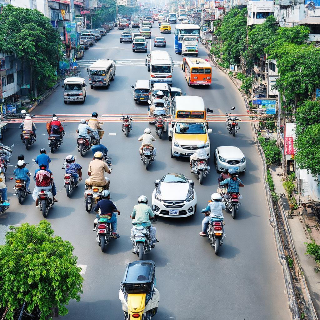 Toàn cảnh vòng xoay Mũi Tàu Phú Lâm đông đúc với nhiều phương tiện giao thông