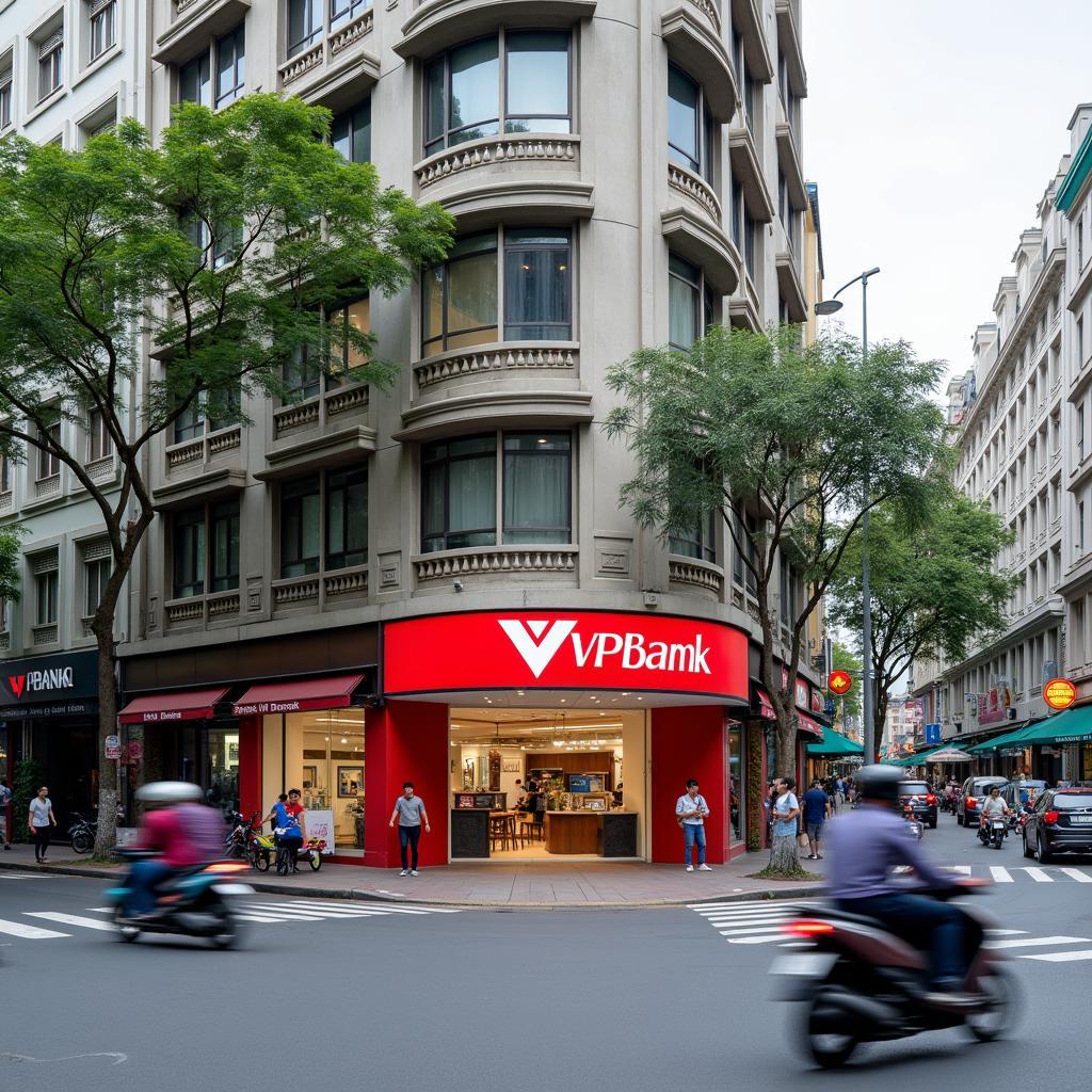 Mặt tiền chi nhánh VPBank tại 169 Hàm Nghi, Quận 1, TP.HCM trên con phố sầm uất.