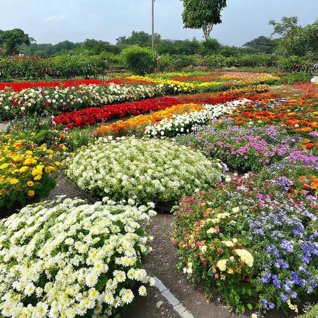 Hình ảnh vườn hoa phủ lý quốc lộ 1a đầy màu sắc với nhiều loại hoa khoe sắc, không gian xanh mát