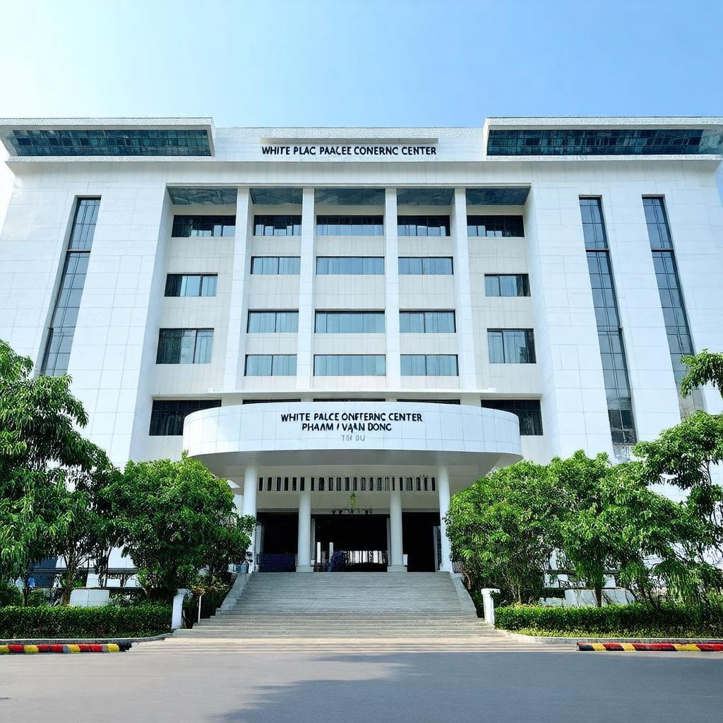 Toàn cảnh bên ngoài Trung tâm Hội nghị White Palace Phạm Văn Đồng, Thủ Đức với kiến trúc hiện đại và cây xanh