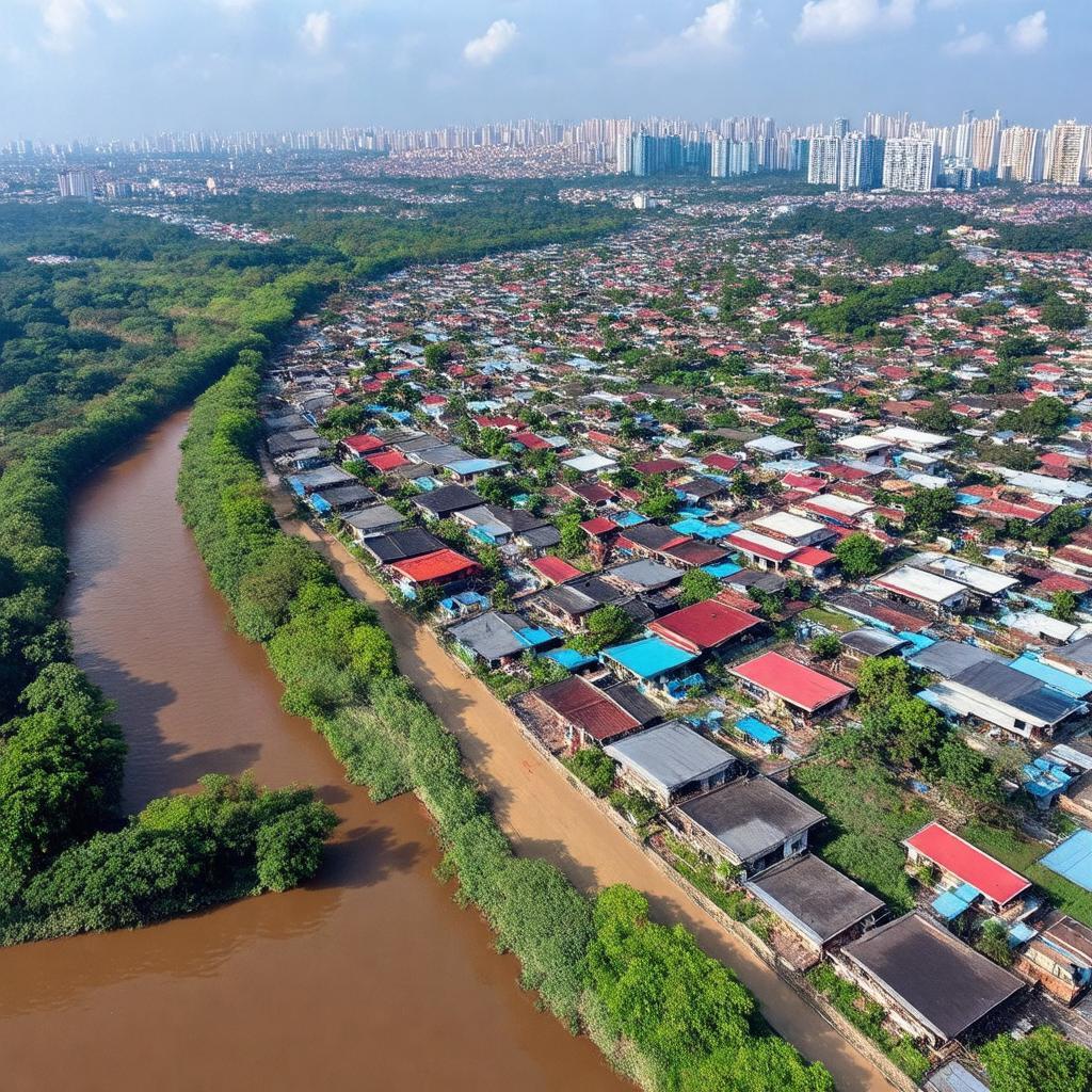 Toàn cảnh Xã Liên Mạc, Bắc Từ Liêm nhìn từ trên cao với sông Hồng và khu dân cư đang phát triển.