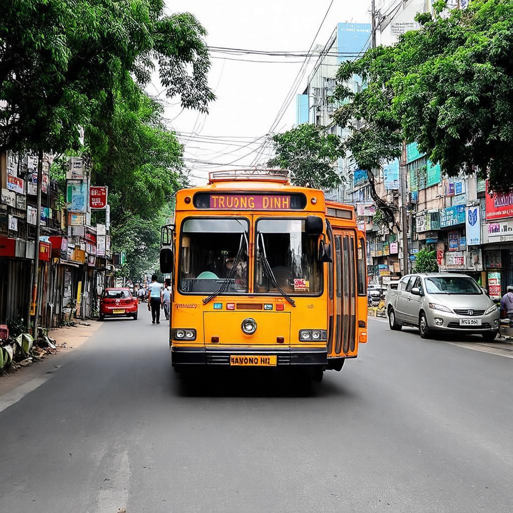 Hình ảnh xe buýt công cộng di chuyển trên đường Trương Định sầm uất, gần lối vào Ngõ 521.
