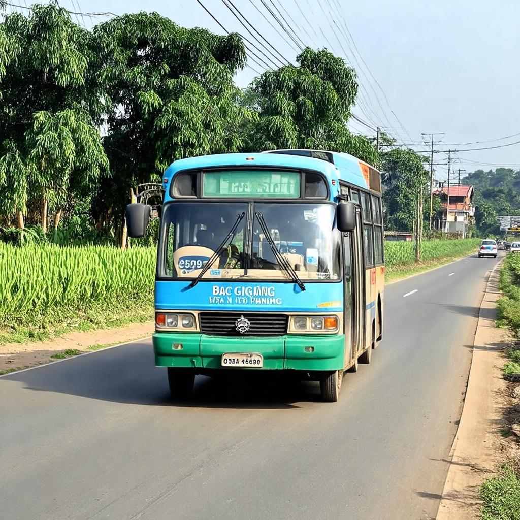 Xe khach Diep Duc dang di chuyen tren tuyen duong ket noi Tan Yen Cao Thuong Bac Giang.