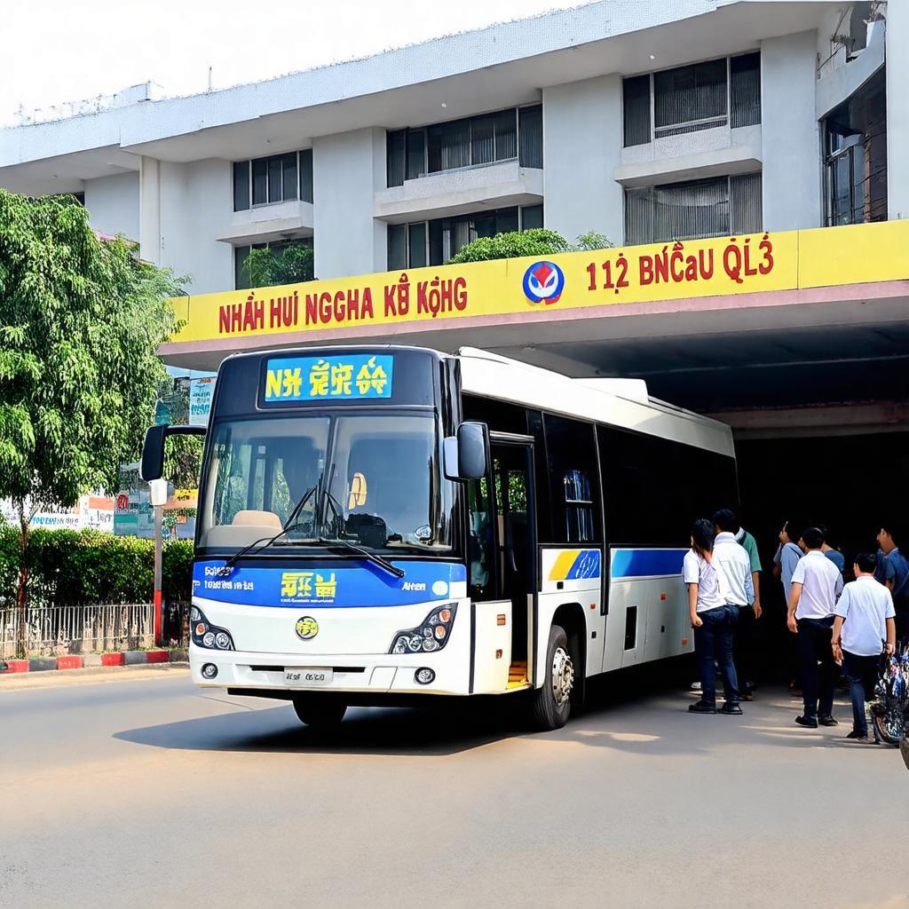 Xe khách Nhà xe Huệ Nghĩa chuẩn bị đón khách tại văn phòng 112 QL13 Bến Cát Bình Dương