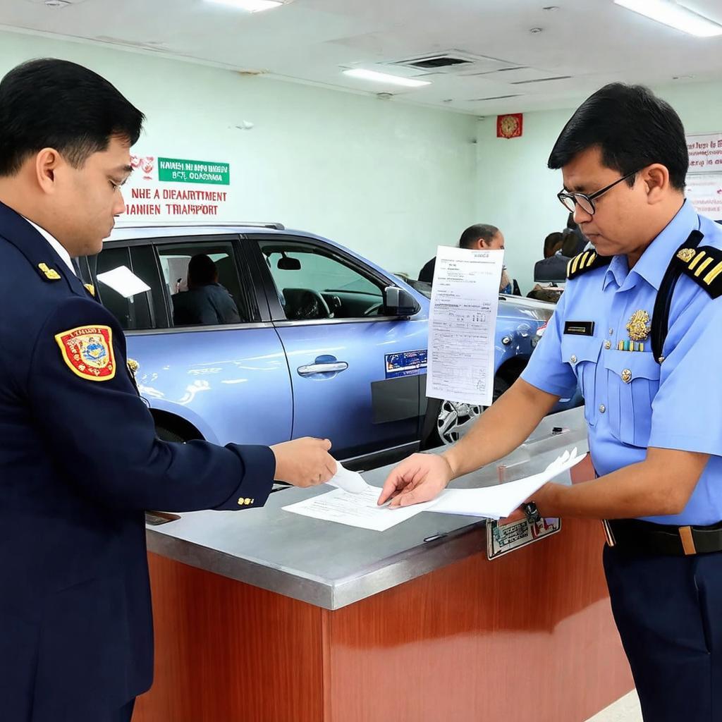Hình ảnh mô tả quy trình xử lý hồ sơ cấp đổi giấy phép lái xe tại quầy làm việc.