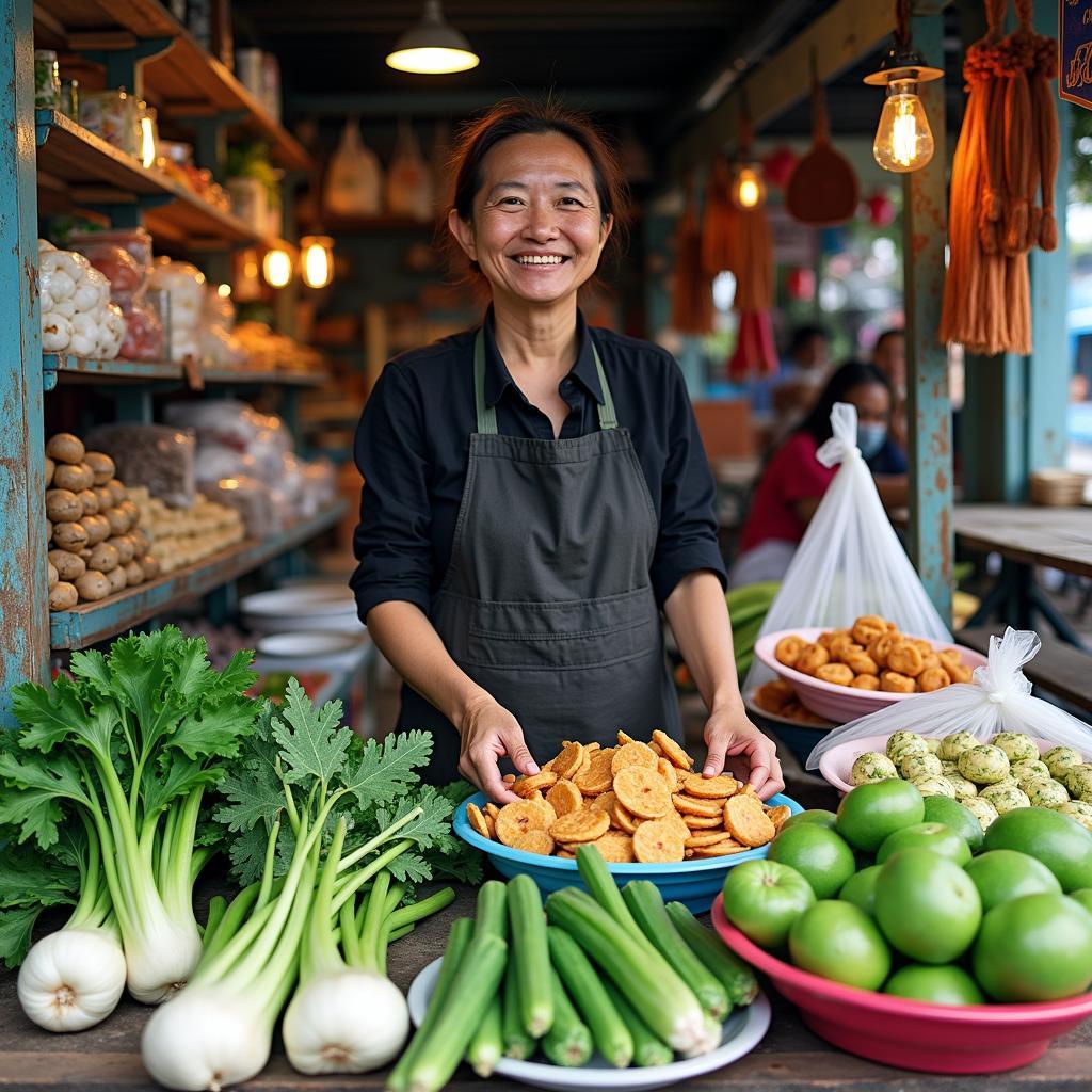 Khung cảnh một gian hàng bán đặc sản và rau củ tươi tại chợ địa phương Phường Linh Sơn
