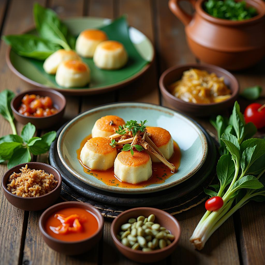Mâm ẩm thực đặc sản phường Đa Mai, Bắc Ninh với bánh tẻ, bánh khúc và cá đồng kho tộ.