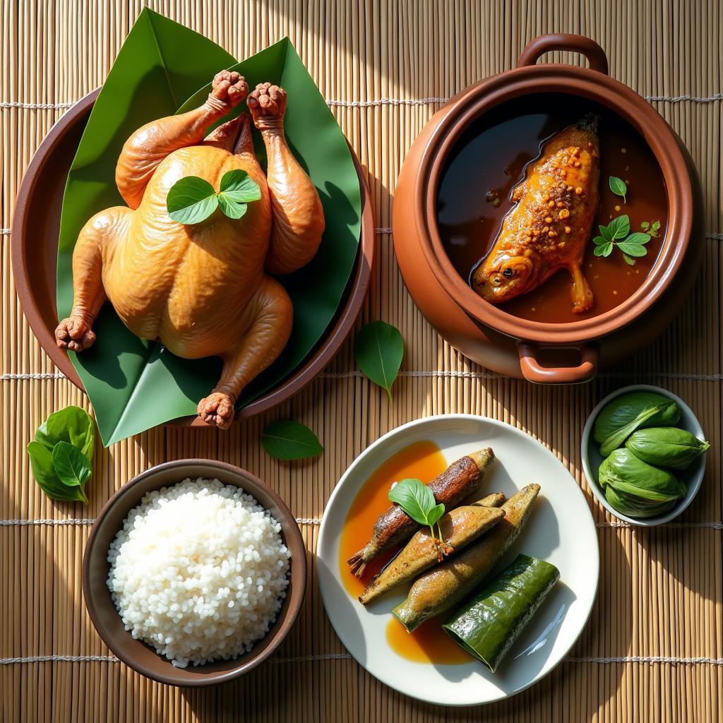 Mâm cơm đặc sản dân dã tại xã Lục Nam, Bắc Ninh với gà luộc, cá kho tộ và bánh phu thê.