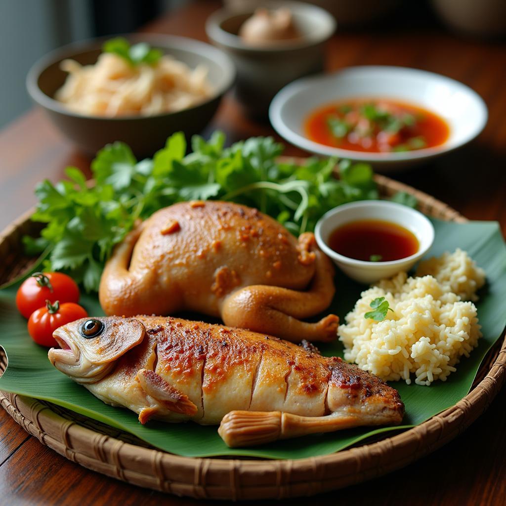 Mâm cơm đồng quê đặc sắc của Hưng Yên với các món như gà luộc, cá kho và rau xanh tươi ngon.