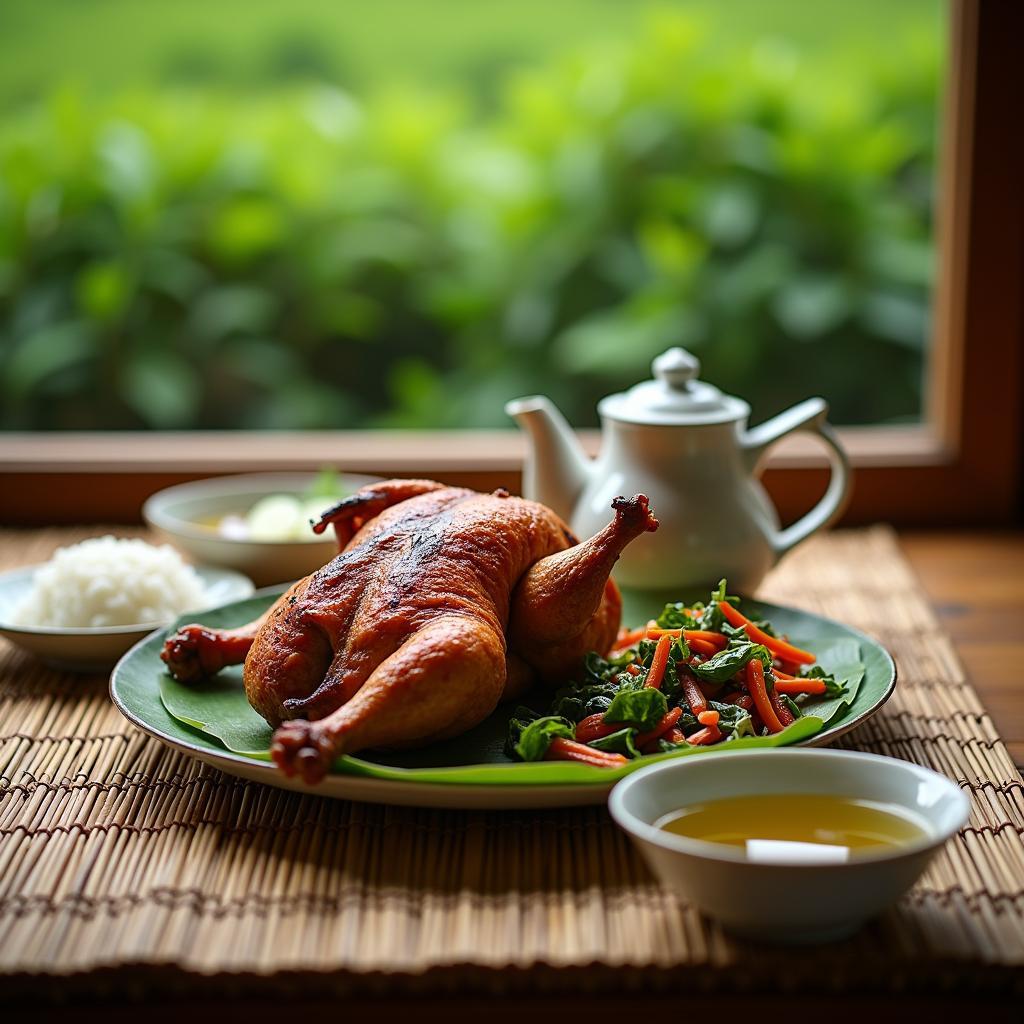 Mâm cơm đặc sản xã Vô Tranh với gà đồi nướng, rau rừng và ấm chè nóng