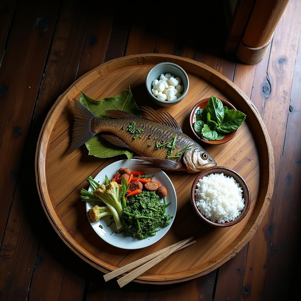 Mâm cơm đặc sản Xã Nguyệt Đức với cá suối nướng và rau rừng