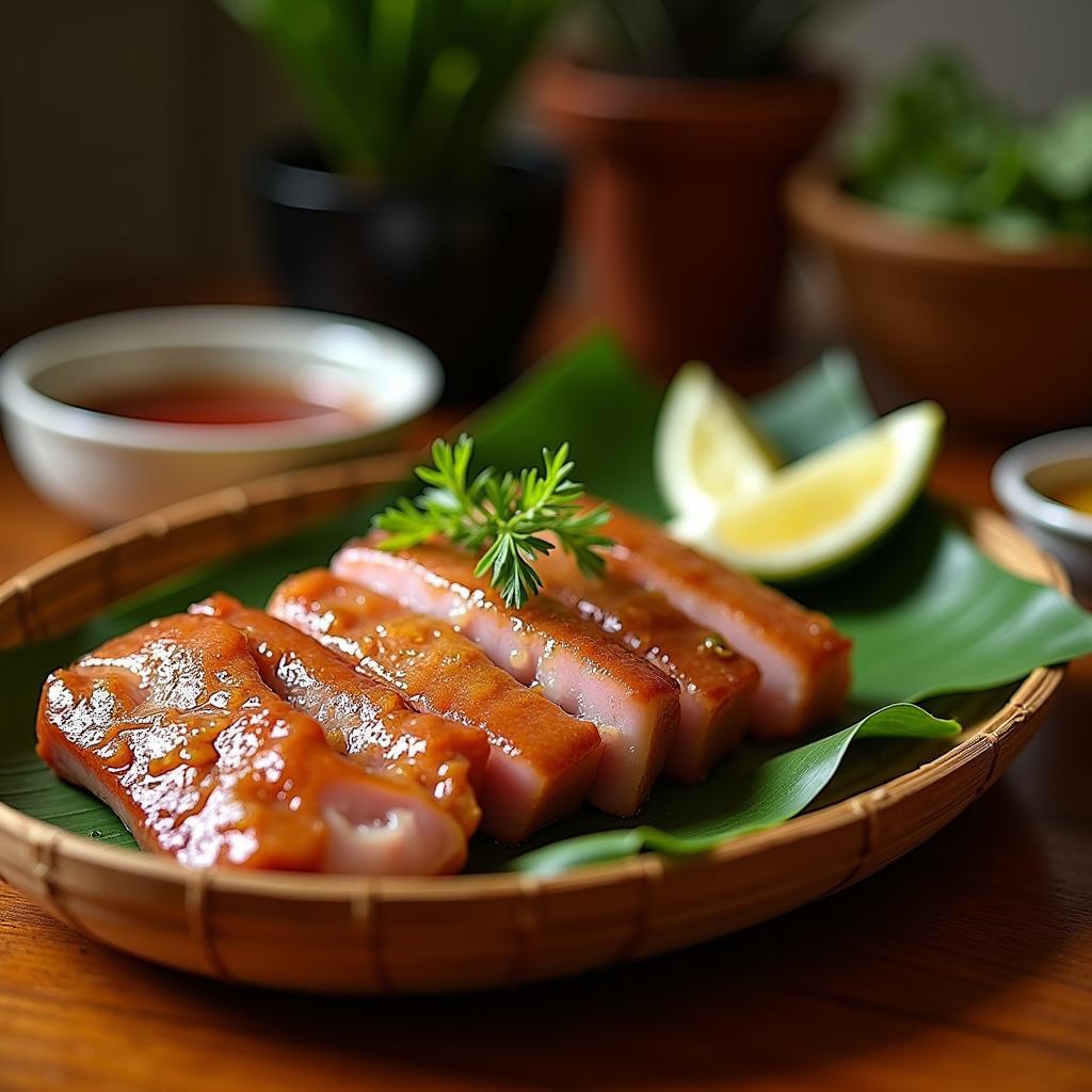 Đặc sản thịt chua Phú Thọ được trình bày hấp dẫn cùng các loại rau thơm tại một nhà hàng ở Phường Việt Trì.