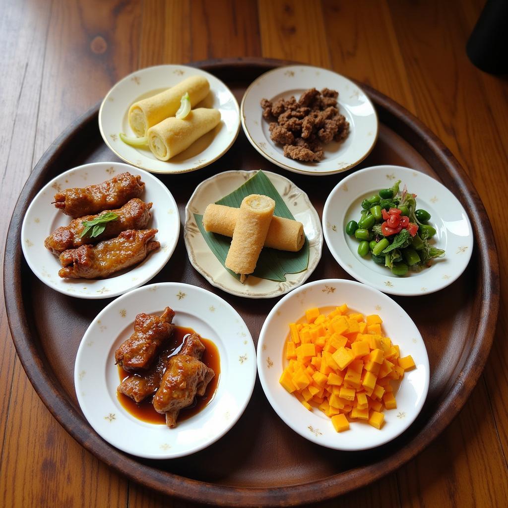 Mâm ẩm thực đặc sản phường Lái Thiêu với các món ngon như bánh bèo bì, nem nướng và gỏi gà măng cụt