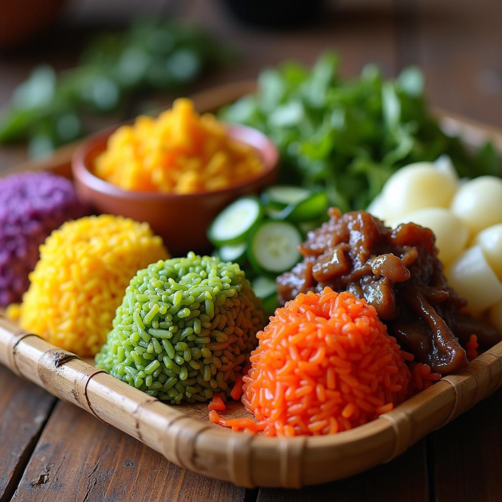 Mâm cỗ ẩm thực đặc sản hấp dẫn của người dân tộc tại Xã Cường Lợi, Tỉnh Thái Nguyên với các món ăn truyền thống.