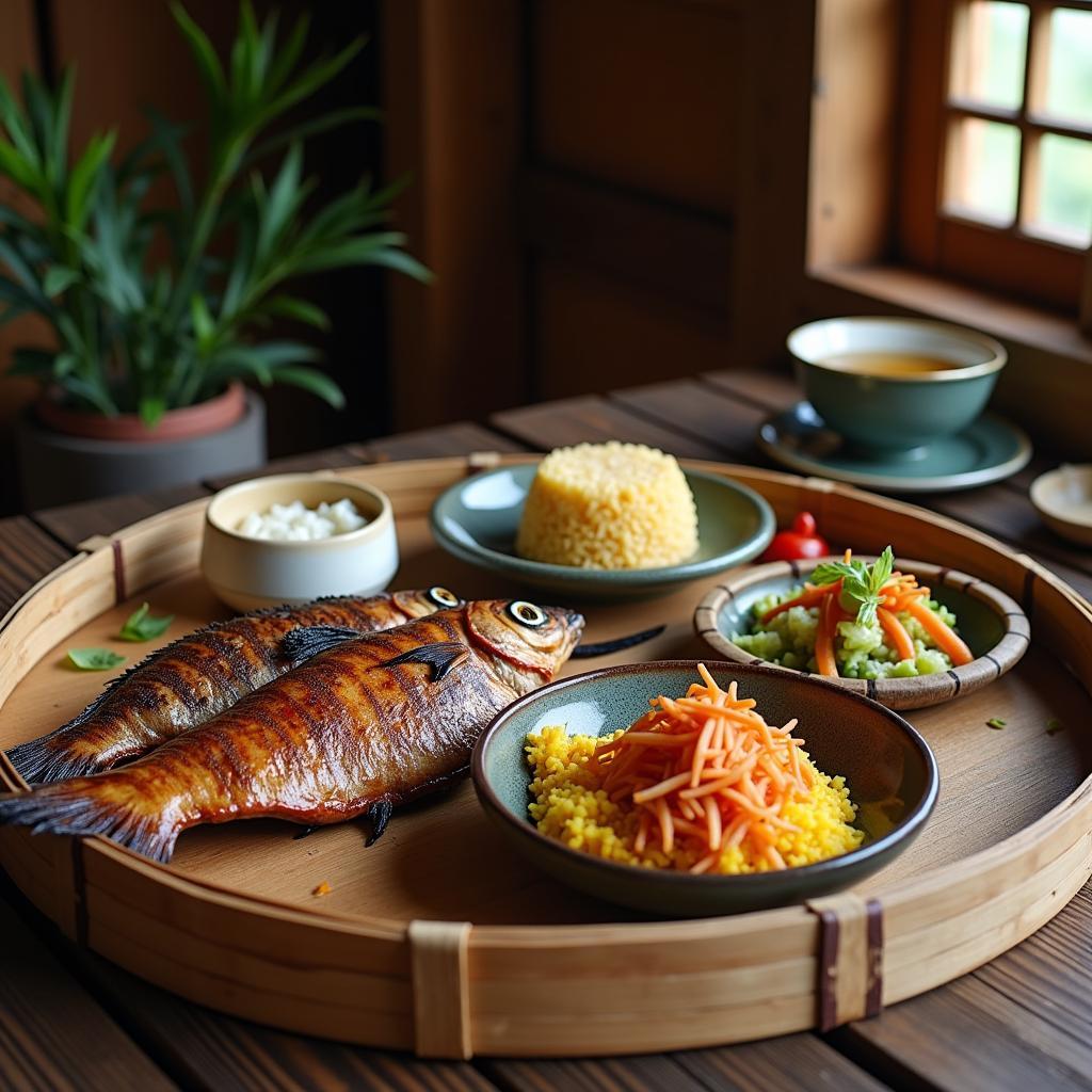 Mâm cơm đặc sản Xã Hợp Thành, Tỉnh Lào Cai với các món ngon dân dã như lợn bản và cá suối.