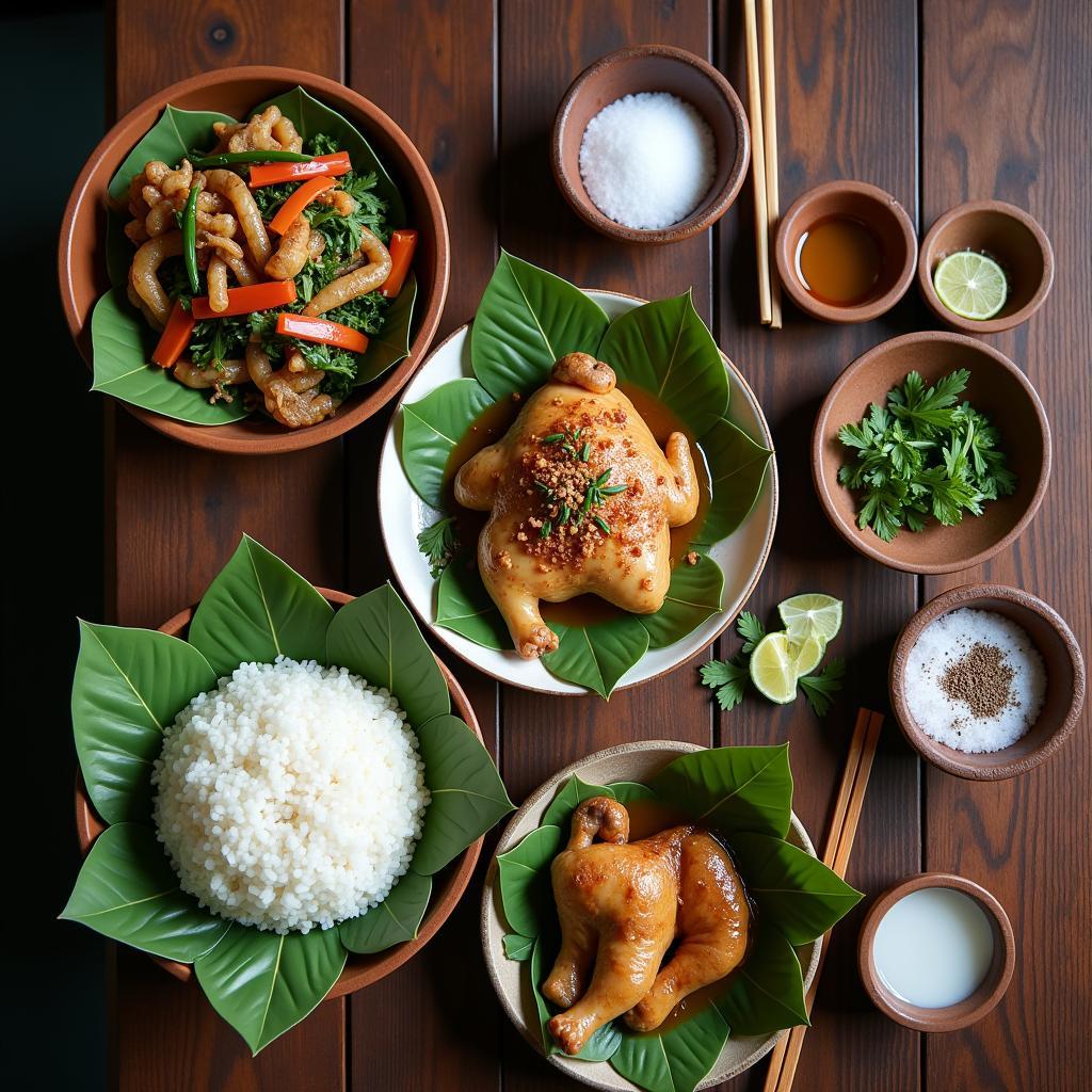 Mâm cơm đậm chất ẩm thực địa phương xã Yên Thịnh với món gà đồi và rau rừng