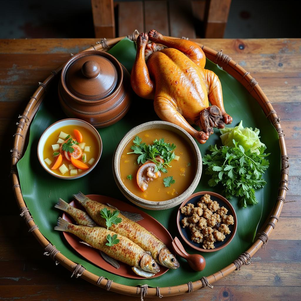 Mâm cơm đặc sản dân dã tại Xã Hiền Lương với các món gà đồi, cá sông Lô hấp dẫn.