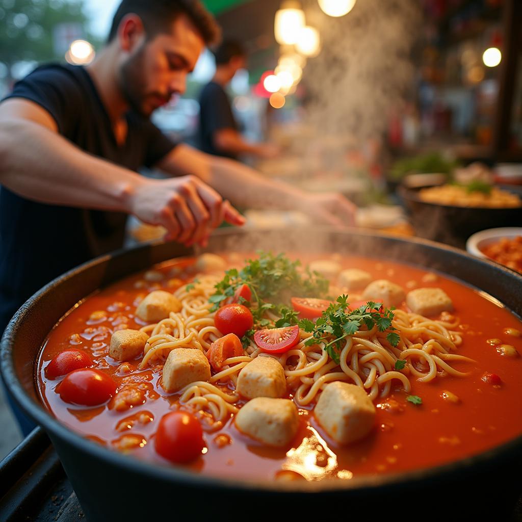 Gánh hàng bún riêu cua đồng thơm ngon hấp dẫn tại khu ẩm thực đường phố Chợ Hoàng Mai, Bình Dương.