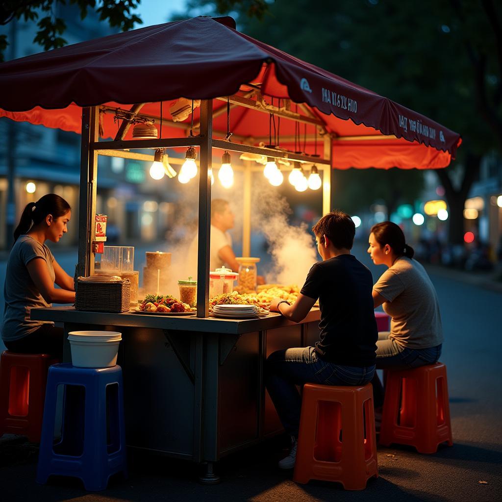 Khám phá một quán ăn đường phố sáng đèn và đông khách tại Phường Phú Thạnh, Quận Tân Phú vào buổi tối