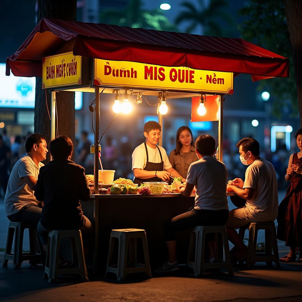 Cảnh một quán ăn đường phố bình dân gần Ngã tư Cổ Điển với các món đặc sản Hải Phòng