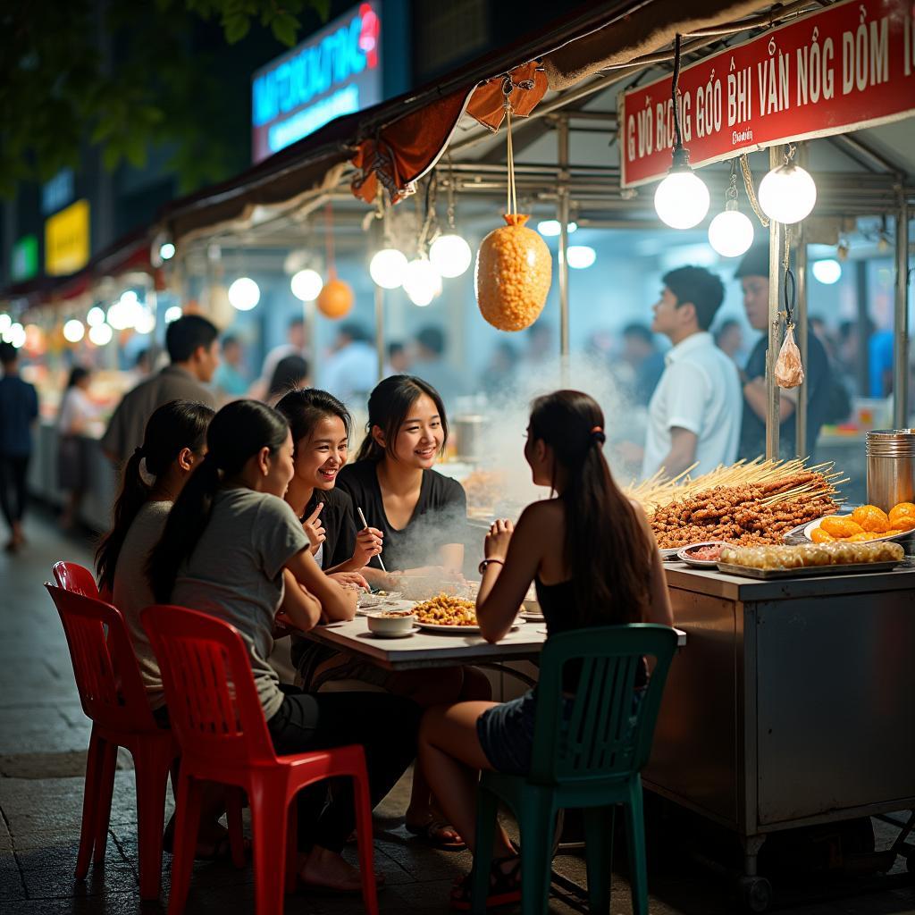 Sinh viên thưởng thức ẩm thực đường phố đa dạng và hấp dẫn gần Trường CĐ Kinh tế Đối ngoại