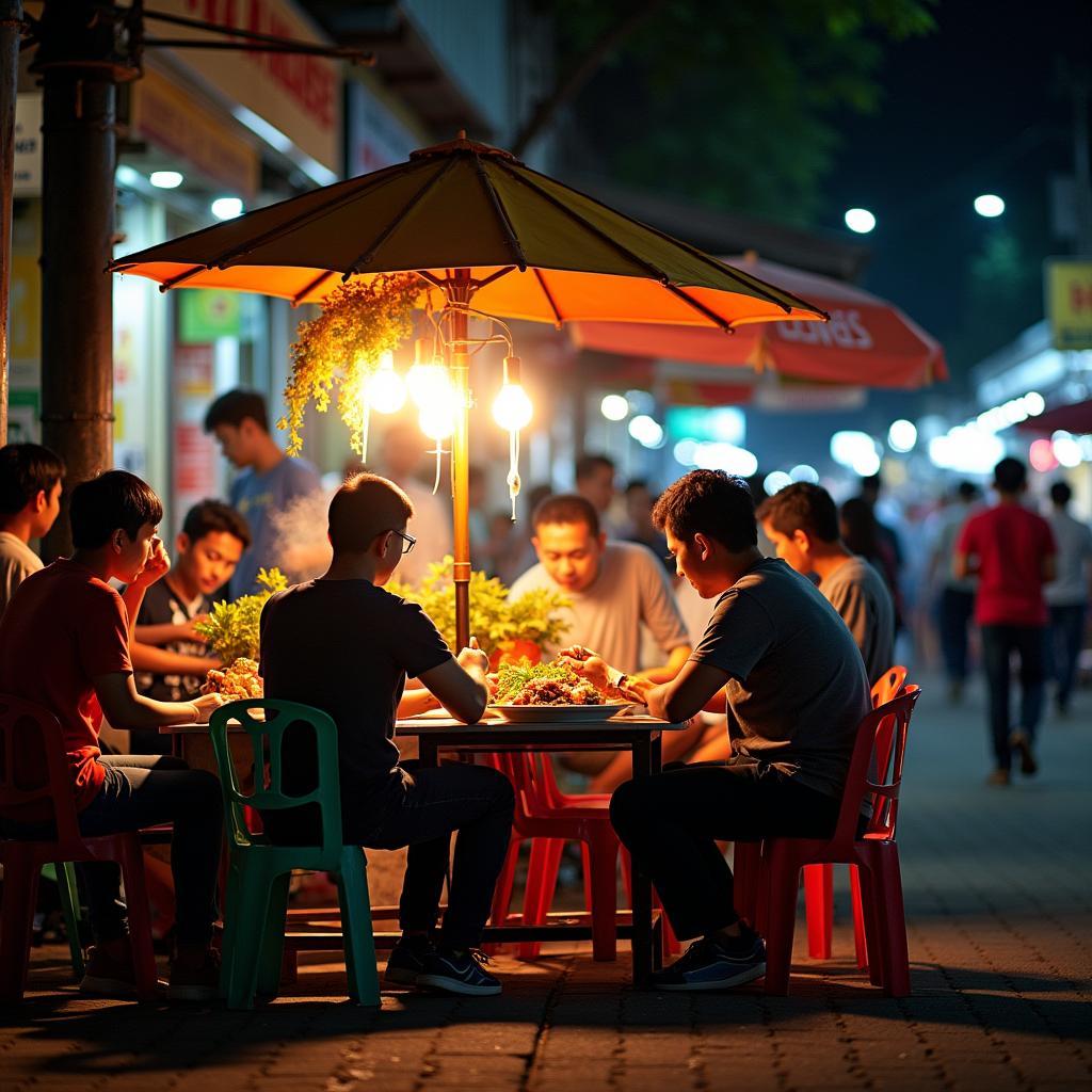 Khung cảnh nhộn nhịp tại một quán ăn đường phố phục vụ nhiều món ngon ở Phường Phú An.