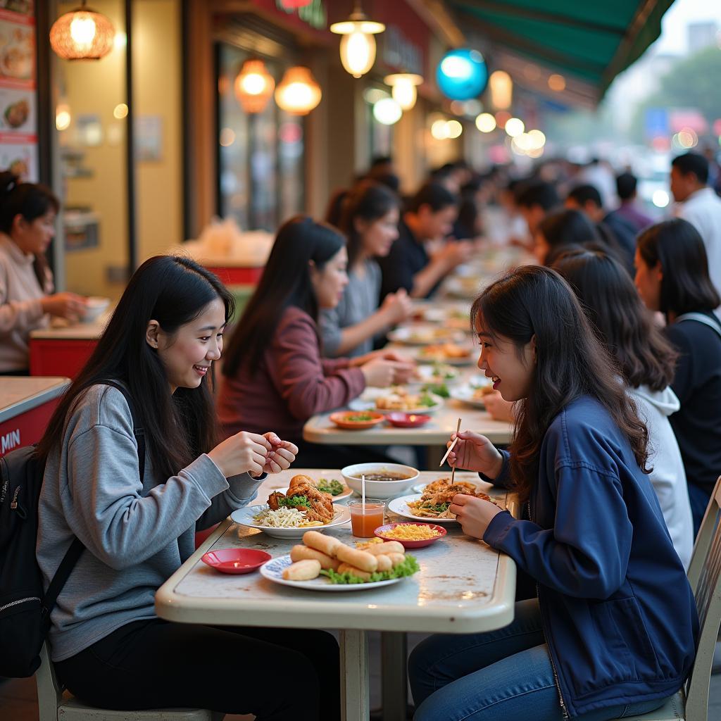 Khung cảnh ẩm thực đường phố nhộn nhịp tại Phường Xuân Hòa với nhiều món ăn hấp dẫn.