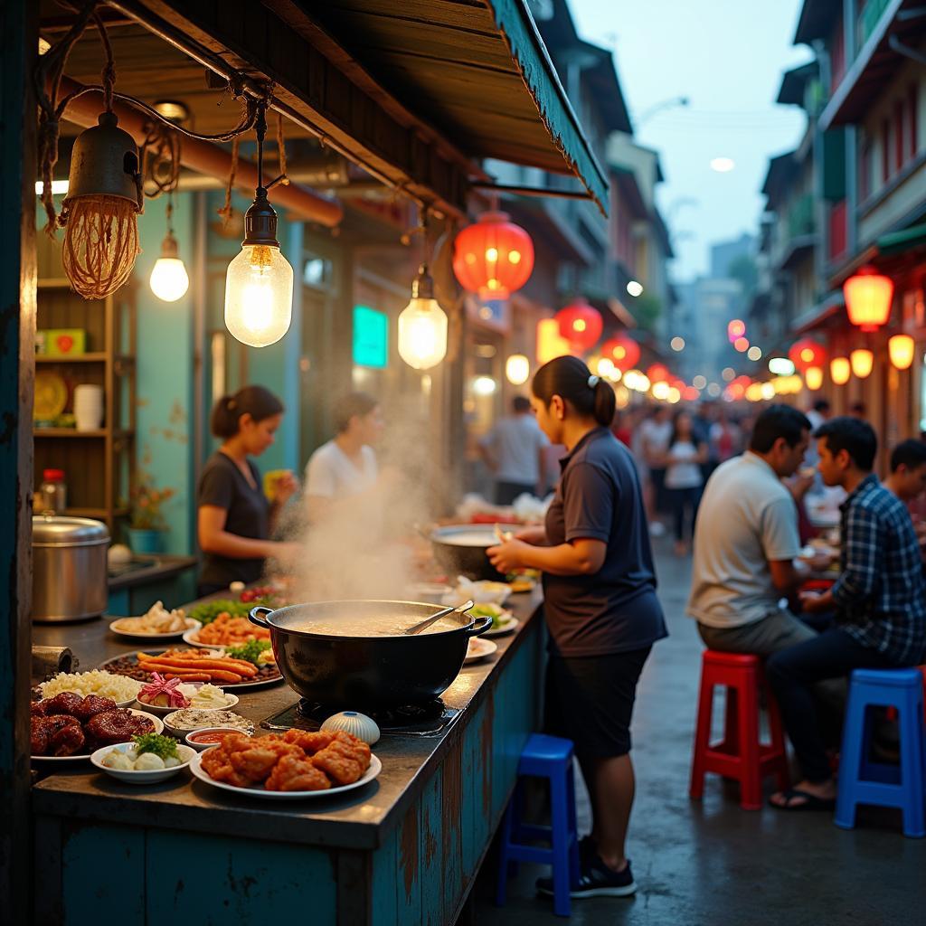 Khung cảnh quán ăn đường phố tấp nập tại Phường Bình Tiên, Quận 6 với các món ăn Hoa-Việt đặc sắc.