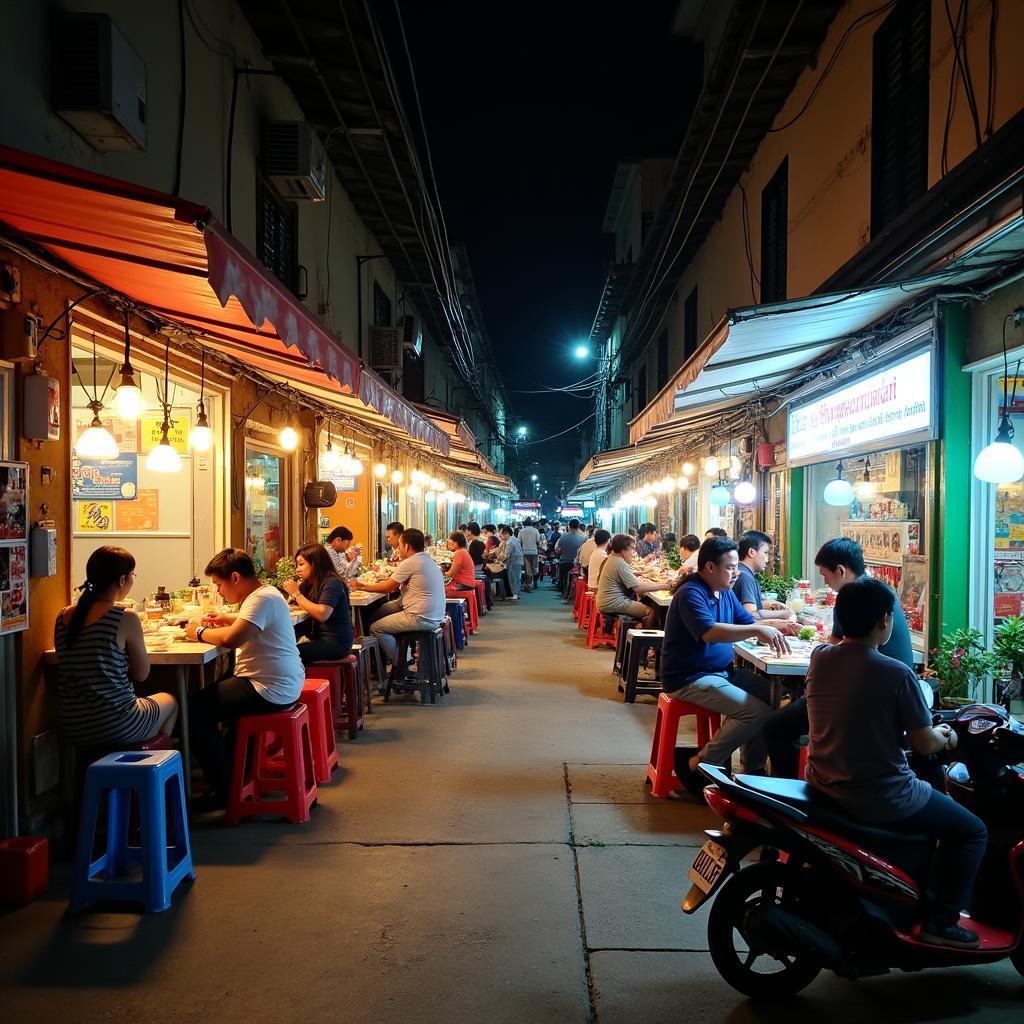 Khung cảnh nhộn nhịp của một con hẻm ẩm thực tại Phường Tân Bình, với các hàng quán san sát và đông đúc thực khách thưởng thức món ăn.