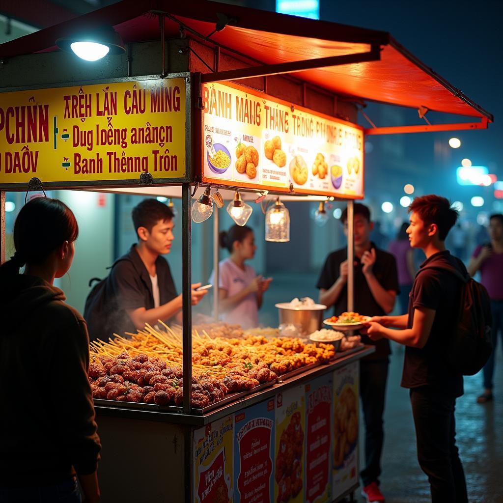 Một quầy hàng ẩm thực đường phố nhộn nhịp tại Phường Tăng Nhơn Phú vào buổi tối, với các món ăn vặt hấp dẫn như bánh tráng trộn, cá viên chiên.
