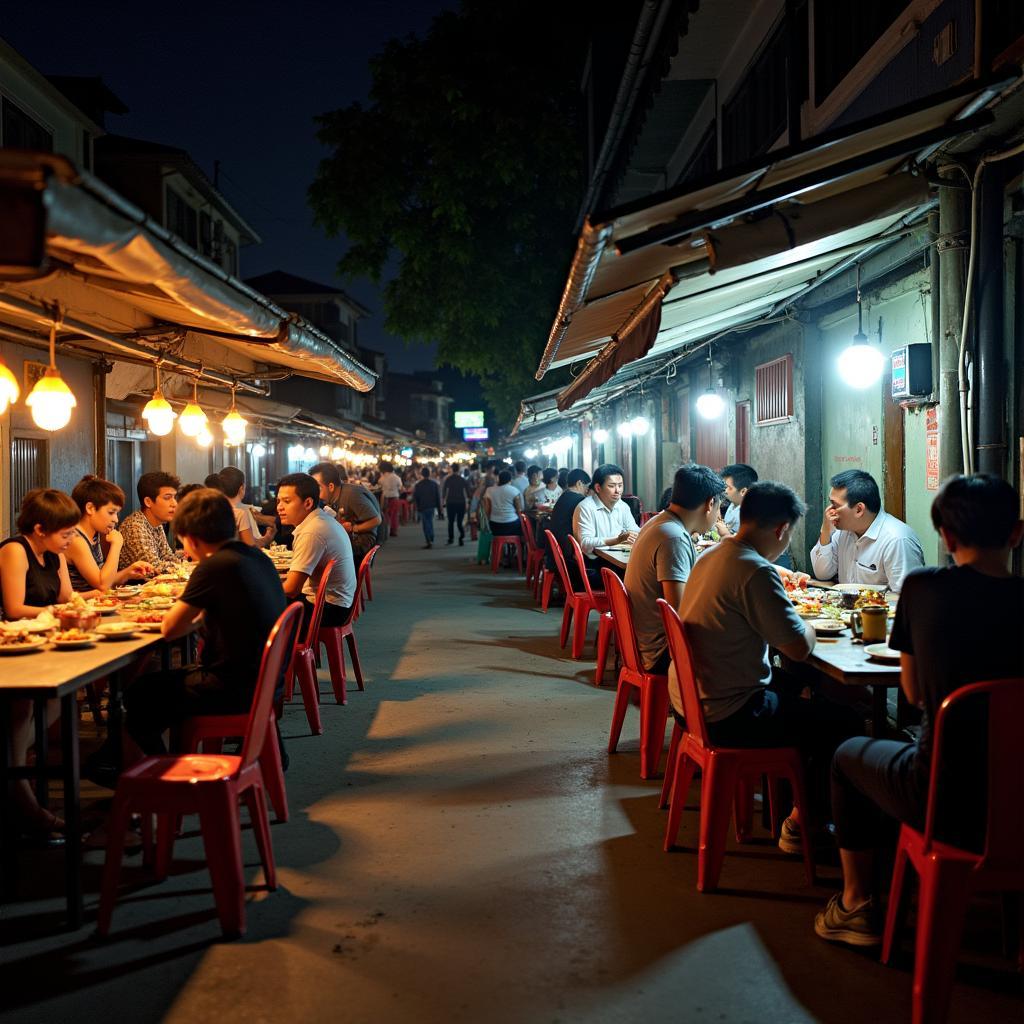 Khung cảnh nhộn nhịp của một quán ăn đường phố nổi tiếng tại Phường Vườn Lài, quận Tân Phú vào buổi tối
